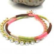 Friendship bracelet, rhinestone chain bracelet, double strand, cotton woven, boho chic fashion earth tones spring 2012 trendy under 30