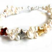 Bracelet freshwater cultured white pearls trio stars silver, gold, copper - Shooting Stars - Metallic Gift for her Under 20