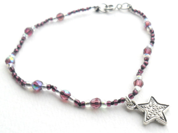 Amethyst Silk Bracelet, Silver Sea Star Charm, Hand Knotted- Jelly Fish - Gift For Her Under 15
