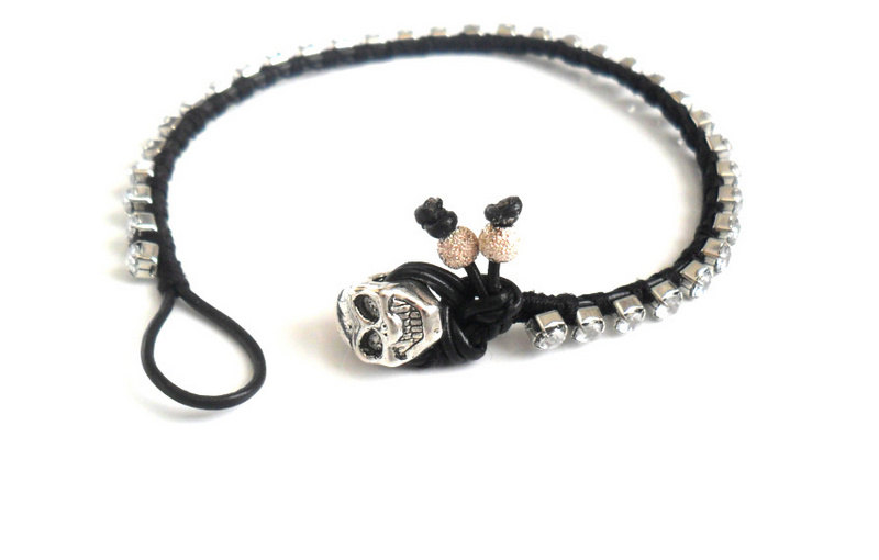 Friendship Bracelet Leather Rhinestone Crystal Chain Silk Woven Stackables Trendy Fashion Black Silver Skull Spring 2012 For Her Under 20