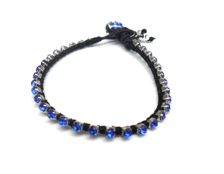 Friendship Bracelet Leather Royal Blue Rhinestone Chain Silk Woven Stackables Trendy Fashion Punk Rock Spring 2012 For Her Under 20