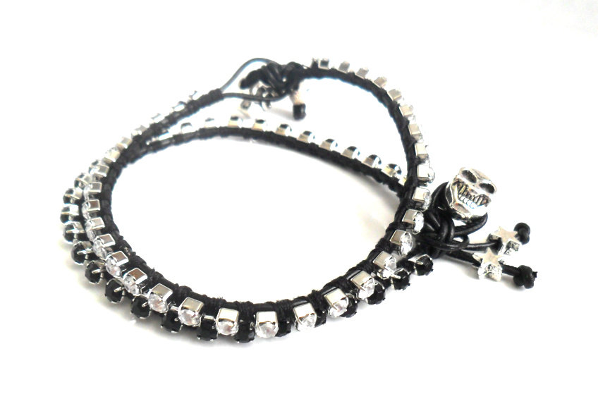 Friendship Bracelet Leather Black Rhinestone Chain Silk Woven Stackables Trendy Fashion Black Silver Skull Spring 2012 For Her Under 20