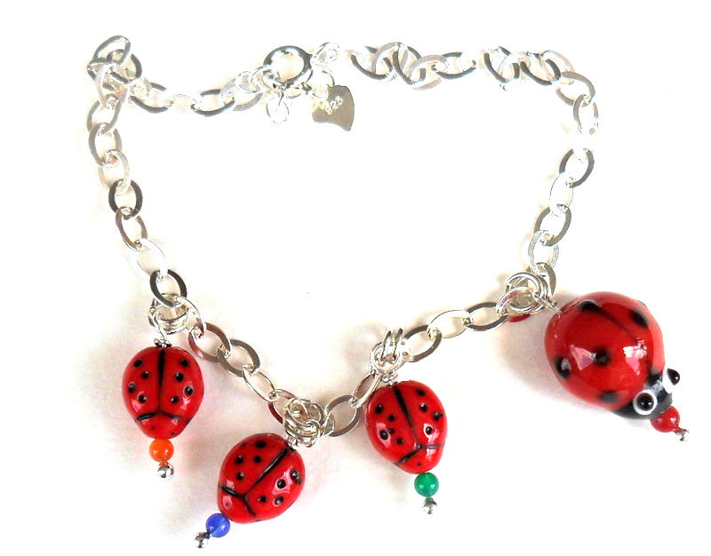 Lady Bug Charm Bracelet Sterling Silver Chain, Ladybug Glass Bump Beads. Me And Myladies. Mother's Day Gift For Her Under 15 Spring 2012