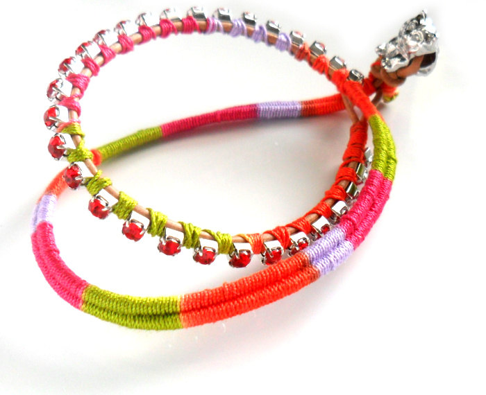 Double Strand Friendship Bracelet Red Rhinestone Chain Cotton Woven Boho Chic Fashion Neon Spring 2012 Trendy Under 30