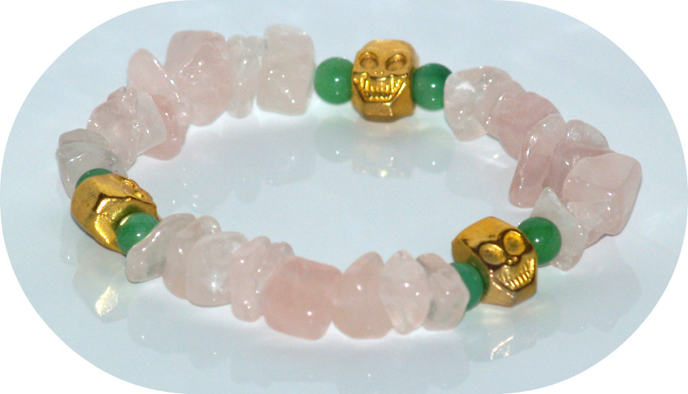 Bracelet Rose Quartz Kelly Green Jade Happy Gold Skulls Bracelet. Elastic Bracelet Day Of The Dead Gift Under 10 For Her