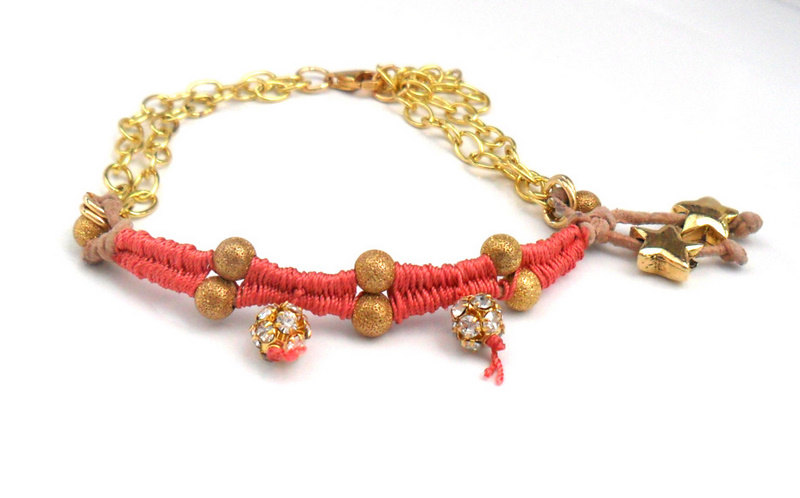 Bracelet Gold Plated Chain Leather Gold Rhinestone Beads -shabby Chic Disco- Metallic Fashion Coral Reef Fashion For Her Under 25