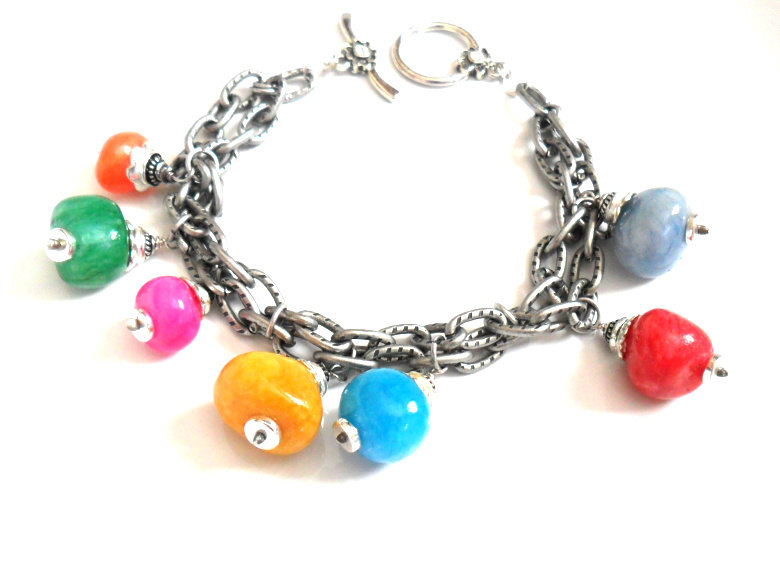 Bracelet Gunmetal Double Textured Chain Multicolored Chunky Beads -bubbles- Metallic High Fashion Bracelet Valentine's Gift For Her