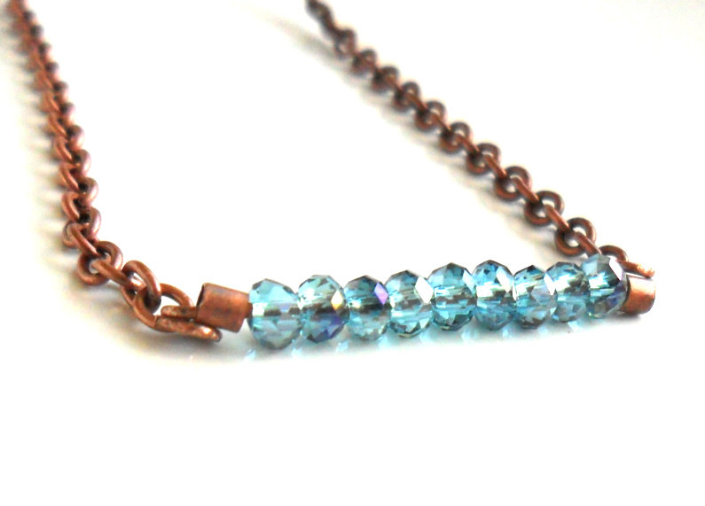 Tiny Blue Horizon Faceted Crystal Beads Bar Necklace, Copper Chain, Delicate Jewelry For Everyday, Mother's Day Gift Under 25