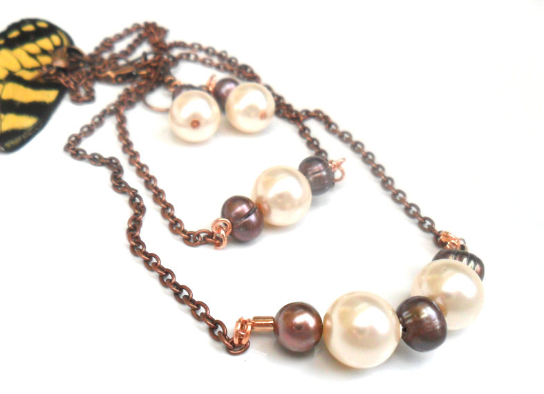 Pearls Bar Necklace, Earth Tones, Set Of Three, Fashion, Metallic, Mother's Day Gift For Her Under 35