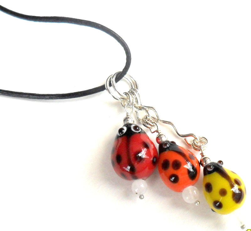 Ladybug Pendant Necklace, Black Leather, Moonstone Glass Bump Beads