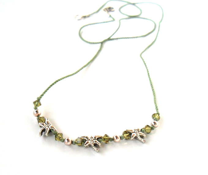 Everyday Necklace Pure Silk Swarovski Crystals And Sterling Silver Beads - Barely There Dragonflies - For Her Under 15