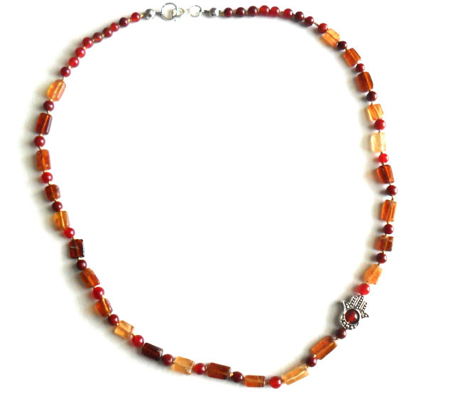 Silk Knotted Necklace Hessonite Red Jade Hamsa Fatima Hand Beaded Necklace Gift For Her Under 50