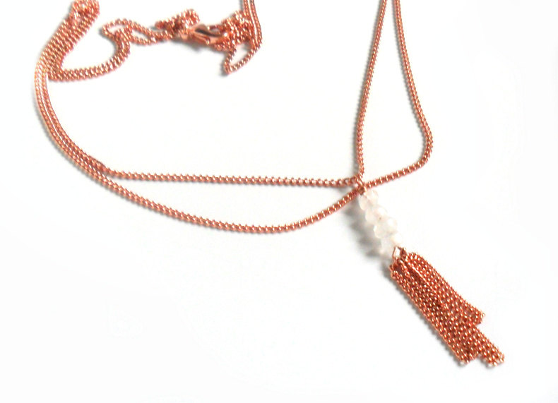 Moonstone, Dainty Necklace Double Chain Pure Copper Tassel, High Fashion, Shabby Chic Metallic, Gift For Her Under 30
