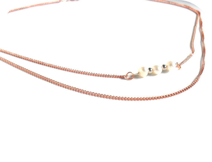 Necklace Double Chain Pure Copper Pearls Sterling Silver Bar High Fashion Shabby Chic Metallic Valentine's Gift. For Her. Gift Under 30