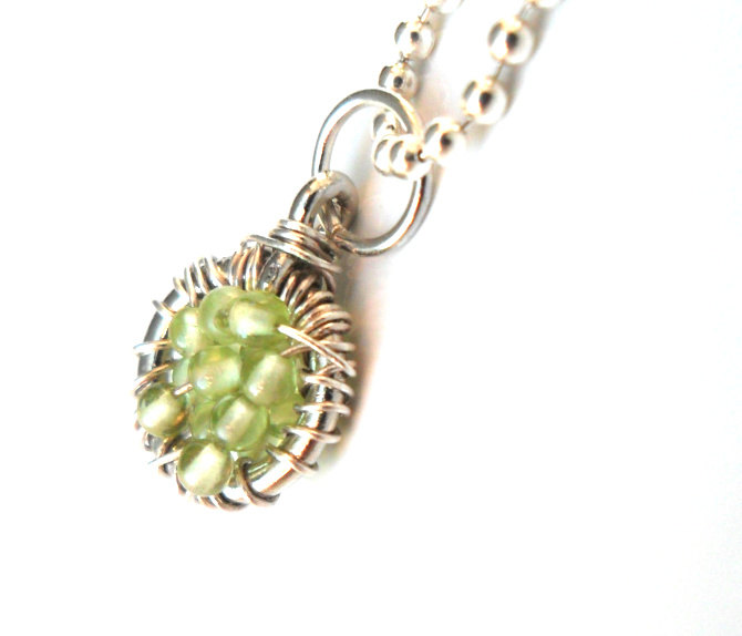 Necklace Sterling Silver Wire Wrapped Pendant Peridot Charm - Full Of Wishes - Peridot Beads Wasabi Fashion For Her Under 25