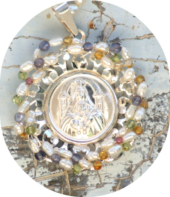 Pendant Medallion Sterling Silver Pearls Multi Stones Blue Quartz, Citrine, Peridot, Amethyst Our Lady Catholic Gift For Her Under 80