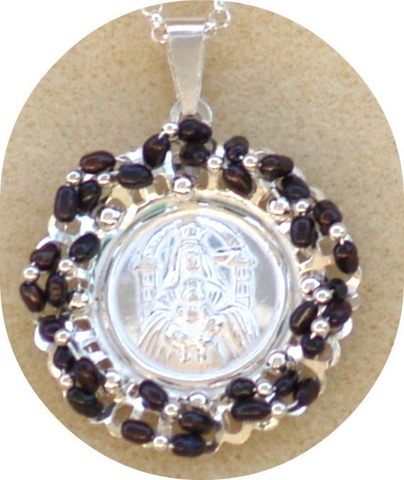Pendant Medallion Wire Wrapped Black Pearls Sterling Silver Beads - Our Lady Coromoto - Statement Pendant Catholic Gift For Her Under 60