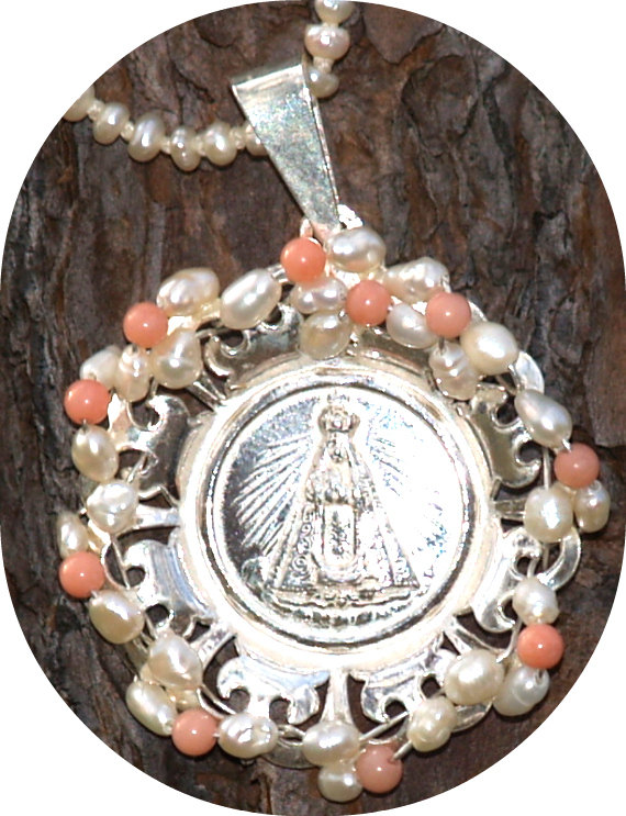 Pendant / Medallion Sterling Silver Coral Pearls. Sterling Silver Lady Of The Valley Catholic Communion Gift For Her Under 60