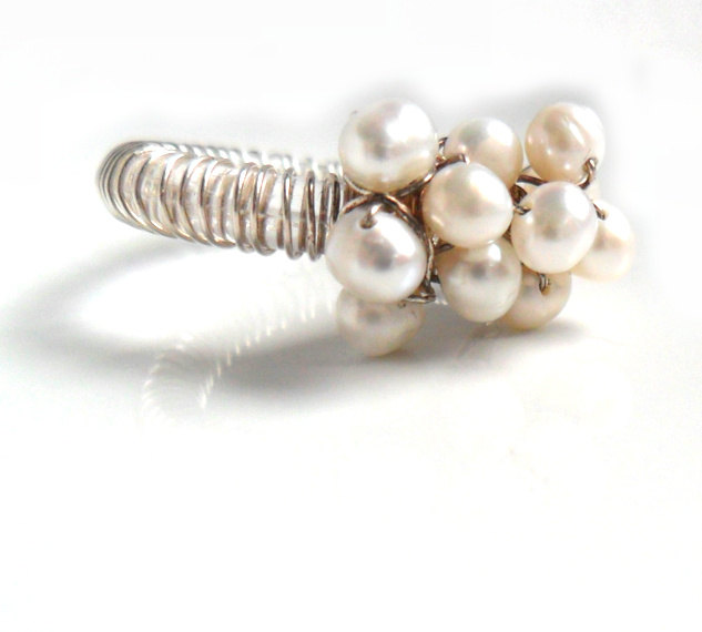 Unique Cocktail Ring, White Pearls Sterling Silver Wrapped -cluster Of Joy - Bridal Pearl Cluster Mother's Day Gift For Her Under 30