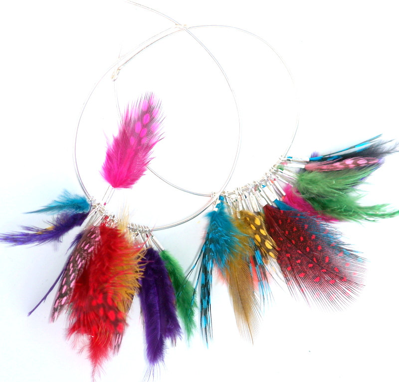 Hoop Earrings Feathers Sterling Silver Hoops With Colorful Mini Feathers Mixed Colors Boho Rainbow Earrings Gift For Her