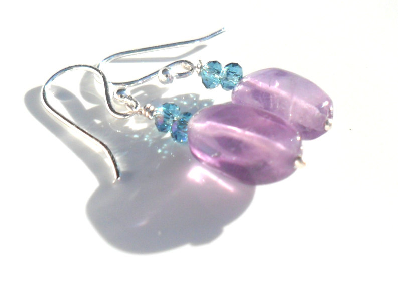 Sterling Silver Fishhook Earrings Amethyst Aquamarine Crystal Dangle Earrings Mother's Day Easter Gift For Her Under 15