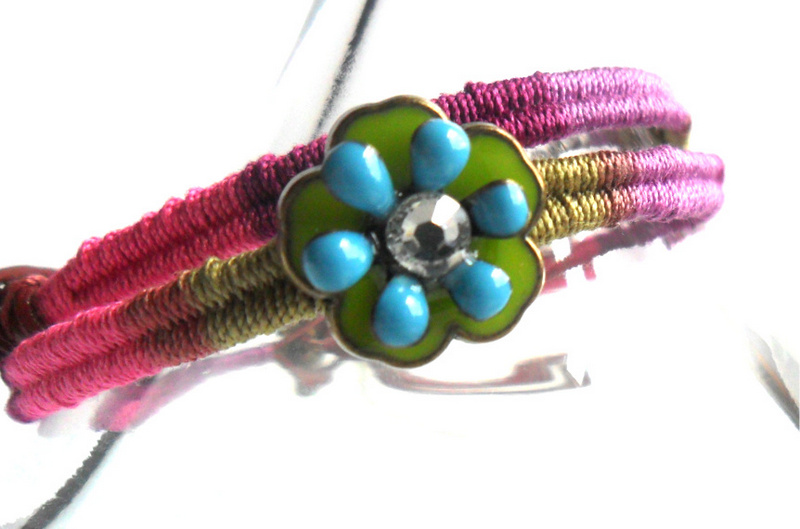 Friendship Bracelet, Leather Woven In Multicolored Cotton, Enamel Crystal Flower, Vineyard Summer, 2012 Trendy For Her Under 20