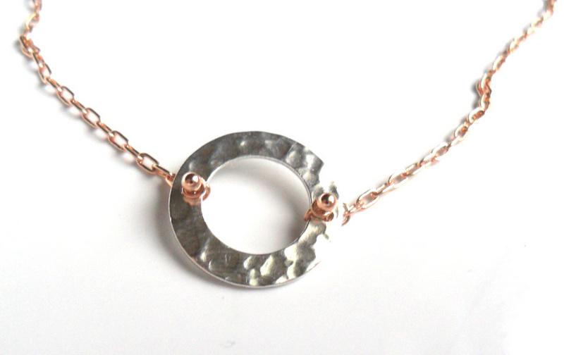 Simple Rose Gold Necklace, Sterling Silver Hammered Circle, Minimalist, Delicate Everyday Jewelry