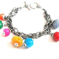 Bracelet gunmetal double textured chain multicolored chunky beads -Bubbles- Metallic high fashion bracelet valentine's gift for her under 30